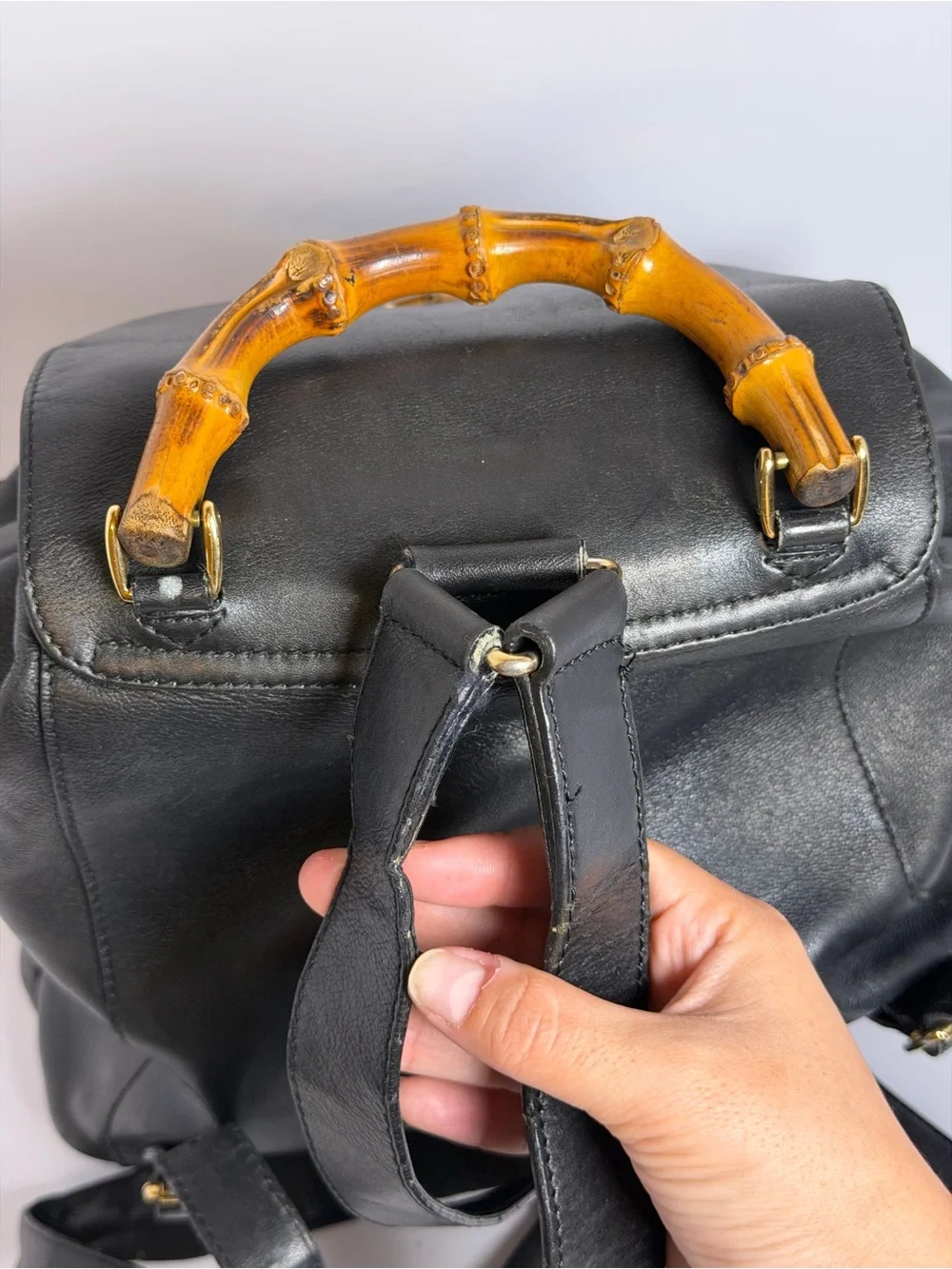 Vintage Gucci Bamboo Black Leather Backpack